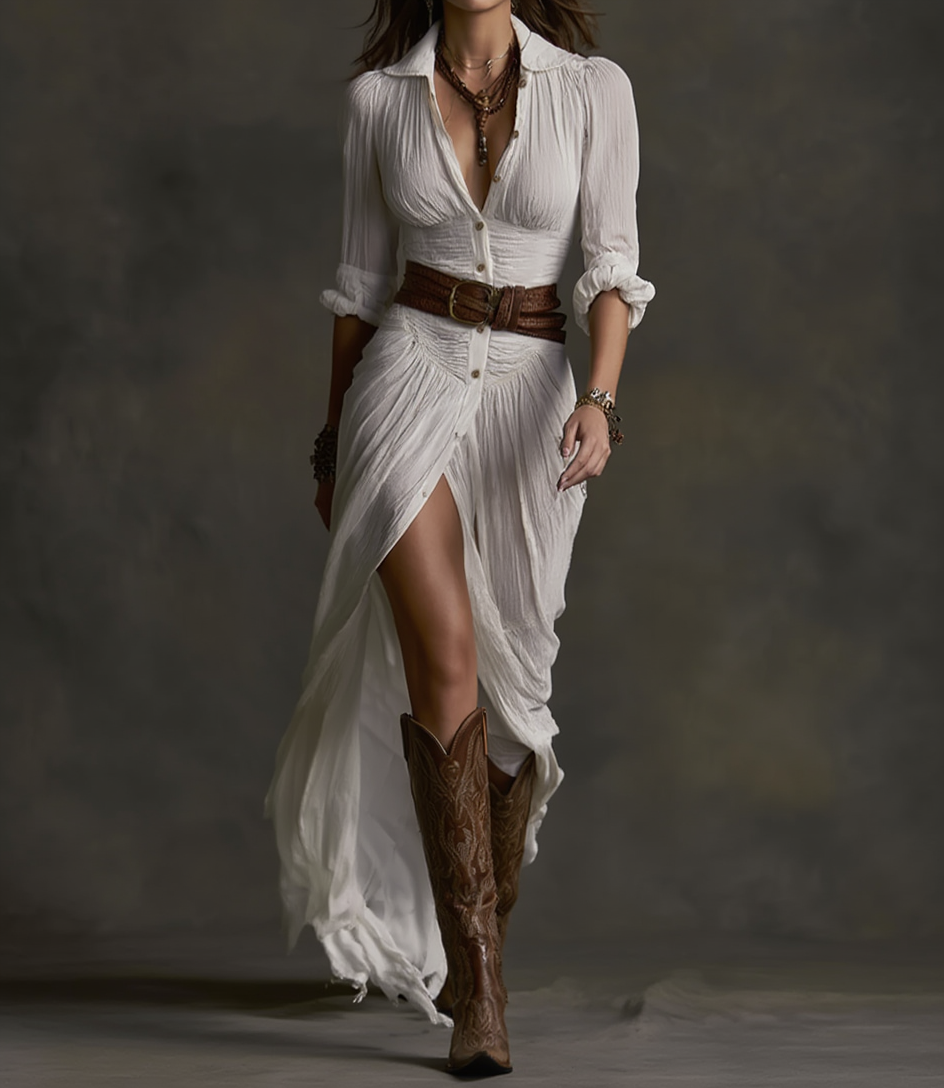 Aurora | Dlouhé lněné šaty s obráceným límcem