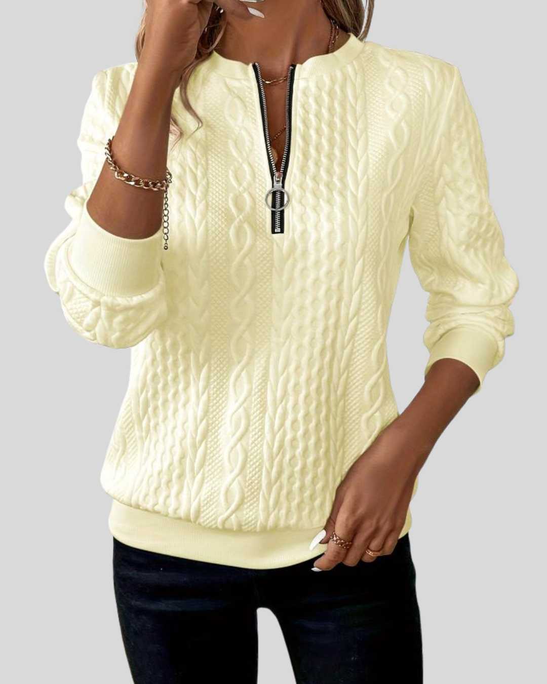 ZUZANA | Dámský svetr na zip s copánkovým vzorem